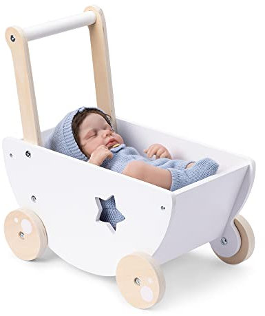 Navaris Puppenwagen aus Holz in Weiß - Kinder Baby Puppen Wagen Lauflernwagen - für Mädchen und Jungen - ab 18 Monate - Holzpuppenwagen mit Bettzeug