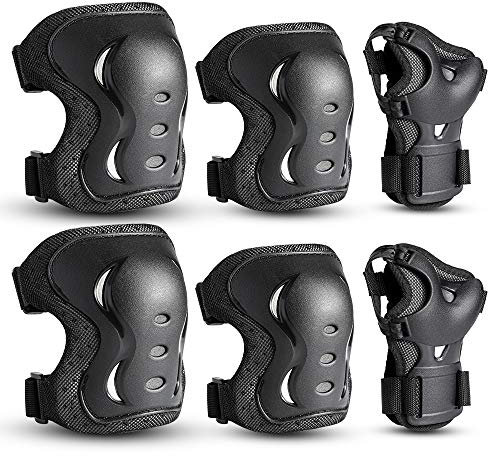Kinder&Erwachsene Knieschoner Set, Schützerset 6 in 1 mit Knie-Ellbogen-Handgelenkschoner, Schutzausrüstung Verstellbare Handgelenkschoner für Skaten Skateboard Radfahren (CC L)