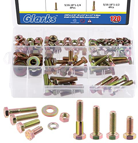Glarks Assortiment de 120 boulons hexagonaux à filetage grossier 5/16-18 Grade 8 - 4 tailles 3/4, 2,5 cm, 1-1/4, 1-1/2 vis à tête hexagonale et écrous hexagonaux, rondelles de verrouillage plates