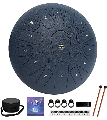 Rain Drum for Outside Garden,Steel Tongue Drum 12 Inches 15 Notes Musical Instruments, Handpan Drum Percussion Instrument, with Soft Bag, Music Book, 2 Mallets, for Meditation or Yoga(Navy Blue)