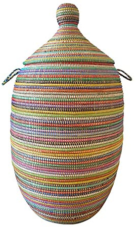 Wäschekorb Afrika - S/M/L/XL/XXL - Das Original aus dem Senegal - Afrikanischer Flechtkorb mit Deckel - Fair Trade - Bade-/Wohn- & Kinderzimmer (XXL, Stripes Bunt)