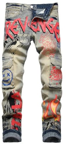 Baylvn Designer-Patchwork-Jeans für Herren, gerade und eng geschnitten, Bequeme eng anliegende Bikerjeans, 48