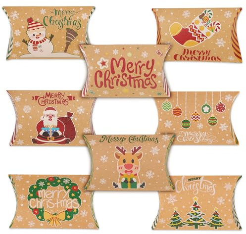 COLOFALLA 24 Stück Klein Geschenkbox Weihnachten Geschenkschachtel Klein Kraftpapier Kissenschachteln Weihnachten Merry Christmas Süßigkeiten Pralinenschachtel zum Befüllen