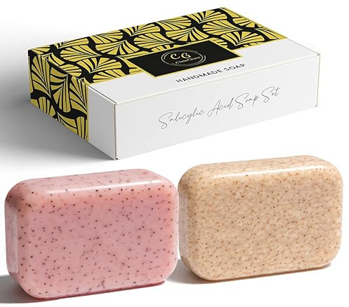 CalmGenix Salicylic Acid Soap Bar - Pack of 2 - Jasmine and Rose & Vanilla | Pore Exfoliating and Softening Body & Face Soap | 2% Salicylic Acid Scrub for Acne Prone Skin | 180g
