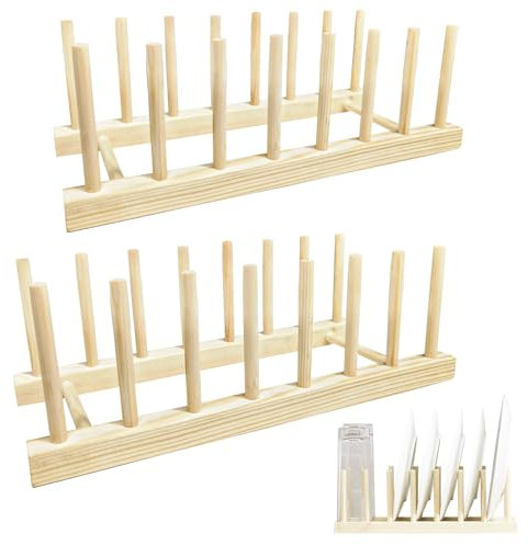 Mafagwre 2 Stück Tellerständer, Tellerhalter Holz, Abtropfgestell, Geschirrabtropfgestell, Abtropfgestell Holz Plate Holder für Teller, Tassen und Schüsseln (Helle Holzfarbe-7 Steckplätze)