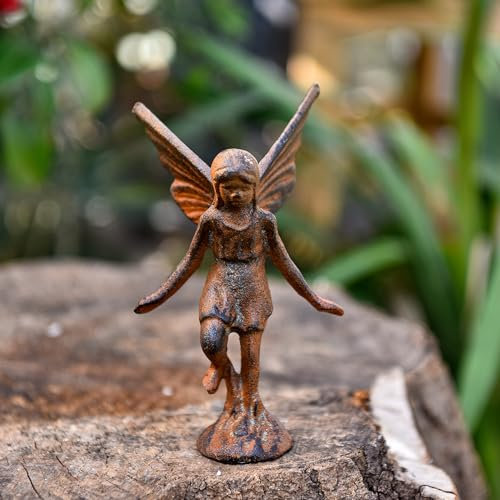 Sungmor Statue d'ange de jardin en fonte - Figurines de fée de jardin rustiques marron ludiques - Collection d'anges Pixie - Décoration d'intérieur et d'extérieur
