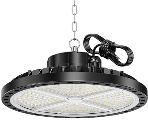 ANNIFUNLY Faretto LED UFO 200W 28000 Lumen Lampada Officina Industriale Fari LED 6500K Bianco Freddo, IP65 Impermeabile High Bay Light per Garage, Magazzini, Fabbrica, Stadio