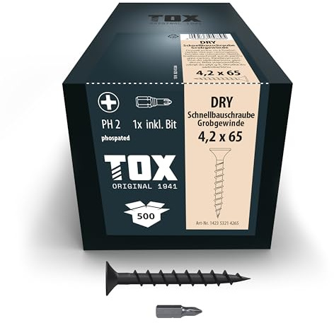TOX Schnellbauschrauben DRY GG 4,2 x 65 mm, Schrauben schwarz phosphatiert mit Trompetenkopf + Grobgewinde, Gipskartonplatte auf Holz-Unterkonstruktion, PH2, 500 Stück, inkl. 1x Bit, 142353214265