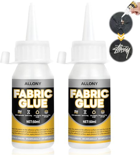 Allony Fabric Glue for Clothes, Leather Glue Strong Waterproof Leather & Fabric Adhesive for Textiles, Leather, Flannel, No Sew Solution (50ml*2)
