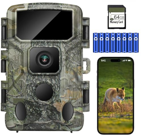 KJK WLAN Wildkamera 2.7K 48MP mit 64GB Speicherkarte, Wildtierkamera mit Nachtsicht, 0.2s Auslöser Bewegungsaktiviert, IP67 Wasserdicht 100ft 130° Weitwinkel