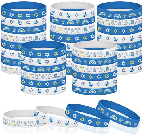 SUNYOK 36 Stück Chanukka Armband Hanukkah Davidstern Dreidel Menora Silikon Armbänder Chanukka Blau Weiß Gummi Armbänder Hanukkah Accessoires Partygeschenke für Chanukka Feiertag Party