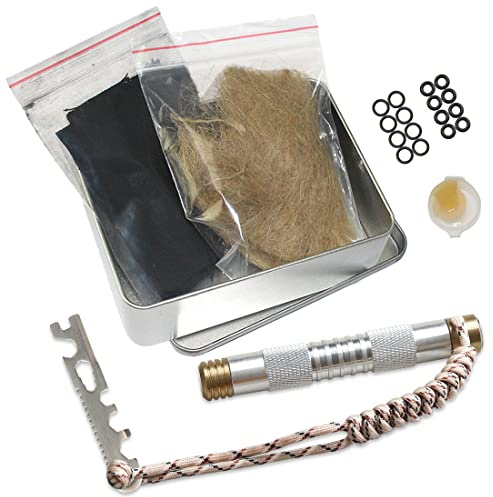 Piston Fire Starter Fire Stang Tool Kit with Compass Multifunctional Card Tinder Carbon Cloth Lubricating Oil Portable Fire Starter Hiking Camping Outdoors