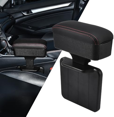 JSCARLIFE Car Armrest Storage Box, Adjustable Central Console Heightening Pad with Cup Holder, PULeather Seat Gap Organizer Elbow and Forearm Wrist Support for Most Vehicles (Black and Red)