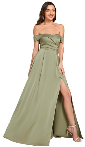 Ever-Pretty Abito da Cerimonia Elegante Donna Lungo in Raso con Scollo a Barca e Spacco Laterale Vestito Formale per Cerimonie e Feste Verde Salvia 44