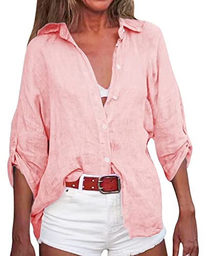 Generisch 2025 - Mujeres Primavera Verano Simple Manga Color Sólido Con Tres Cuartos Botones Rebeca Algodón Tops Blusa Blusa Fucsia Damas, Rosa., M