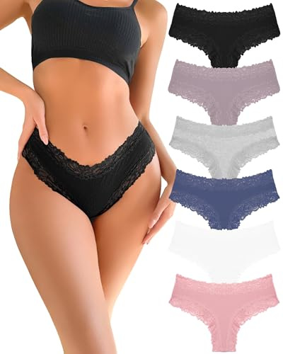 FINETOO Underbyxor dam bomull spets brasilianska trosor damer sexiga underkläder kvinnor andas trosor hipster flerpack 6, D-6-pack, L