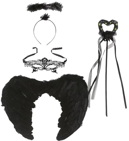 AYNKH Costume d'ange noir déchu, ailes d'ange et halo d'Halloween, baguette de fée, masque en dentelle pour les yeux, costume d'ange noir et de démon pour adulte enfant Halloween fête d'anniversaire