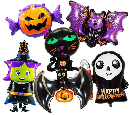 Halloween Party Deko Luftballons, 6 Stück Halloween Ballon Dekoration Set, Helium Folienballons mit Fledermaus Kürbis Geist Hexe Schwarze Katze Luftballons, Partydekorationen(B)