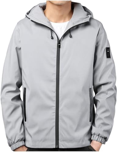 Waterproof Jacket Mens Hooded Lightweight Windbreaker Full Zip Rain Jackets with Hood Plain Colour Drawstring Raincoat Outdoor Active Coats for Walking Cycling Travel Tall