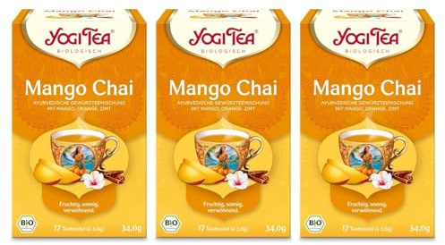 Yogi Tea Mango Chai, 3x17 Beutel (51 Teebeutel) | Ayurvedischer Bio Früchtetee, mit Mango, Orange, Zimt, heiß oder kalt zu genießen