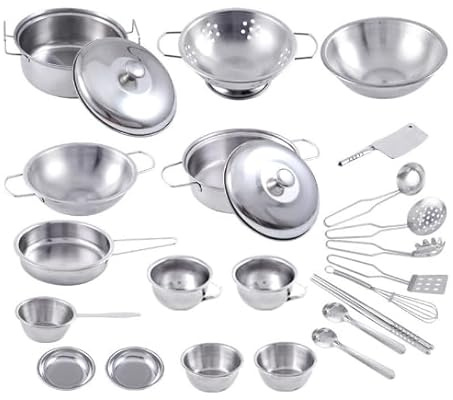 25PCS Edelstahl Topfset für Kinder, Kinderküchen-Spielzeug-Zubehör Kochgeräte Pfanne Spielzeug Set Mini-Küchen-Spielset für Kinderküchen und kreatives Spielen, Silber