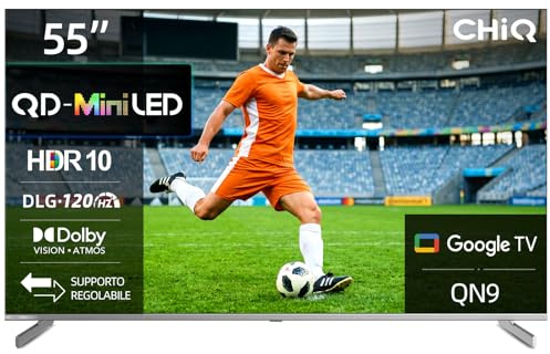 CHiQ Téléviseur M55QA9 Mini QLED 4K 55 Pouces (139 cm) TV, MEMC 60 Hz Local Dimming, DLG 120 Hz, HDR10, Chromecast intégré