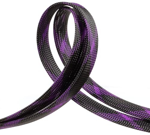 Braided Cable Sleeve, 33ft Expandable Wire Loom for Automotive Wiring Harness & PC Case, Pet-Proof Chew Resistant Cord Protector, Flexible Cable Management (Black-Purple, 10mm (3/8))