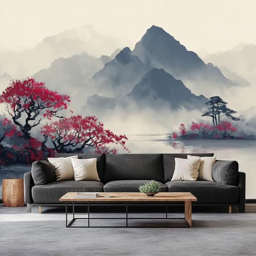 Fotomurales Pintura Tinta Montañas Lago Árbol Flor Ciruelo 200 x 140 cm Papel Pintado Tejido No Tejido, Beige Fotomural Papel Tapiz Decorativos - Dormitorio Salón TV Pared Murales Póster