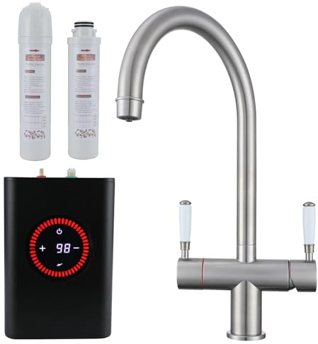 Yamataro Traditional 3-in-1 Boiling Water Tap Stainless Steel Instant Hot Water Dispenser Kitchen Sink Tap Hot Cold Filtered Boiling Water Kitchen Faucet with Boiler and Filters
