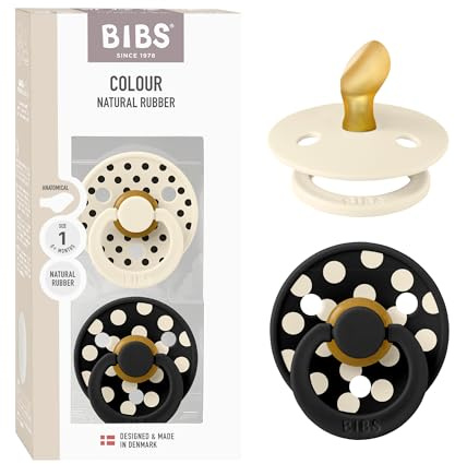 BIBS Colour Studio Polka Schnuller, 0-6 Monate, 2er-Pack, Ivory/Black | Anatomischer Sauger | Naturkautschuklatex | Größe 1 | BPA-frei | Hergestellt in Dänemark | Hohe Akzeptanz | Luftlöcher