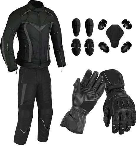 SAGA MOTO Men’s CE Armoured Waterproof Motorcycle Suit (Jacket & Pants) with Touchscreen Leather Riding Gloves (Black, 4XL (Trouser L30))