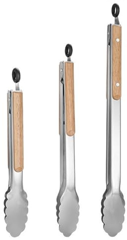 FOLAI Küchenzange Edelstahl Grillzange Holzgriff, Verriegelbare Metallzange, 3 Stück 27cm und 33cm und 39cm