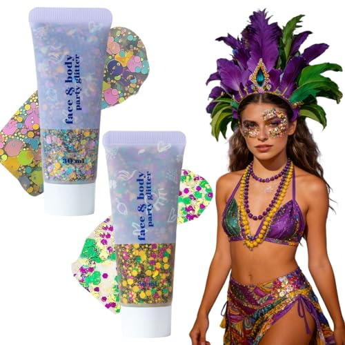 2 Pcs 50 ml Body Glitter Gel - Wasserdichtes Holografisches Glitzer-Make-up für Gesicht, Körper & Haare - Großflockig & Langanhaltend für Party, Karneval & Festival