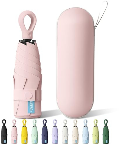 FWHFNB Mini Ombrello Tascabile, Ombrello Piccolo, Pieghevole Ombrello da Viaggio, Con Manico ad Anello e Borsa Portaoggetti, UPF 50+, Pioggia UV Protezione Sole, per Donne Uomini (Rosa)