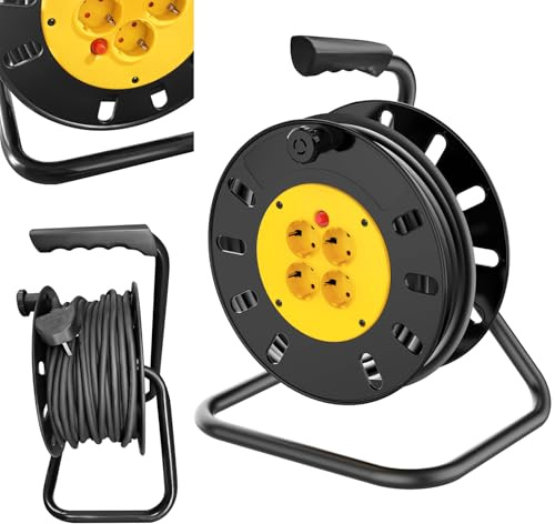 4-Fach Kabeltrommel 50m, Verlängerungskabel für Strom, Flexibler Kabelaufroller mit Gestell, Stromtrommel mit Reset-Taste, Sicherer Einsatz in Keller und Werkstatt, Robustes PVC