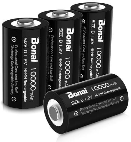 BONAI Rechargeable D Batteries, 10,000mAh High Capacity 1.2V Ni-MH Battery Cell, Long-Lasting Power for Baby Swings, Flashlights & Toys, Pre-Charged & Low Self-Discharge (Size D, 4 Pack)