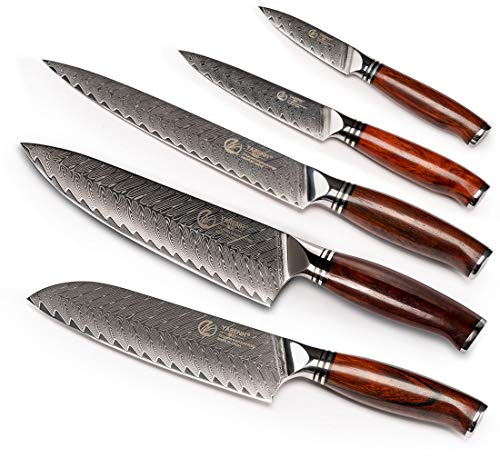 YARENH Set Cuchillo Cocina 5 Piezas, Cuchillo Chef de Acero Damasco de 73 Capas, Cuchillos Cocina Cortar Verdura, Carne y Fruta, con Mango de Sándalo, Profesional Juego de Cuchillos de Cocina