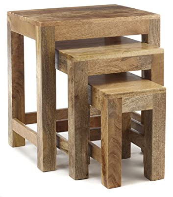 Elm home and garden Solid Mango Wood Nest Of Three 3 Tables End Side Lamp Table (Light)