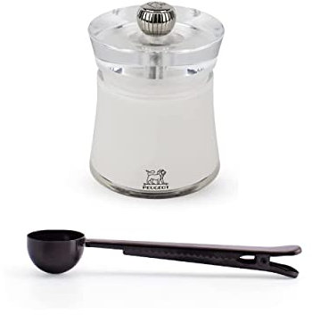 Peugeot Bali Acrylic White Salt Mill Gift Set 3.15 - With Stainless Steel Spice Scoop/Bag Clip