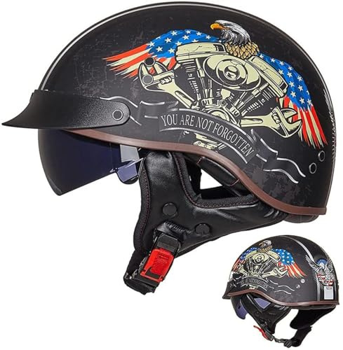 Casque Jet Brain Bol Homologué ECE Demi-Coque Moto Vintage Visière Intégrée Cruiser Chopper Scooter Cyclomoteur H-M=57~58cm