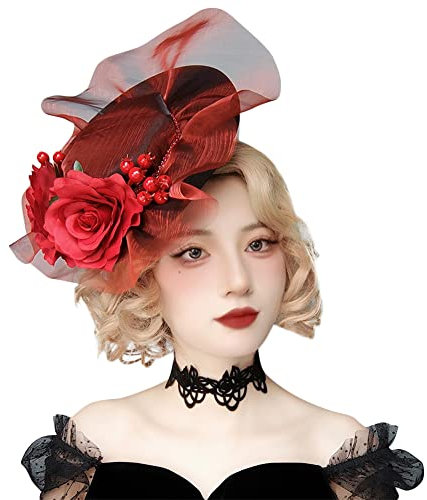 Fascinator Blumen Mesh Hut Braut Kopfbedeckung Hochzeit Clip Party Accessoire Karneval Haarreif Haarklammer Cocktail Tea Kopfschmuck Haarschmuck Elegante Stirnband für Damen Mädchen (Rot)