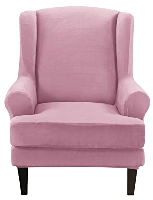 YOPOIY 2 Pieces Velvet Wingback Chair Cover, Soft Stylish Sofa Cover Universal Washable Wingback Armchair Slipcover with Cushion Cover for Living Room-Pink