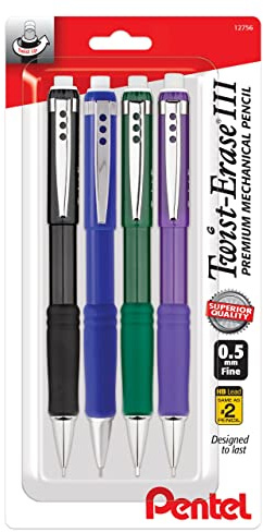 Pentel Twist Erase III Premium Mechanical Pencil 0.5mm 4 pack Assorted Barrels (1 each Black, Blue, Green, Violet)