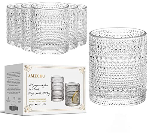 Amzcku Vintage Drinking Glass Set of 6 Kitchen Glasses Cup（13 OZ），for Water，Cocktail，Milk，Juice and Beverage.…