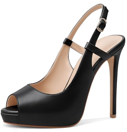 Joseywade Women's Peep Toe Slingback Platform High Heel Pumps Slim Stiletto Sky High Heel Party Wedding Dress Shoes Matte Black US Size 8.5