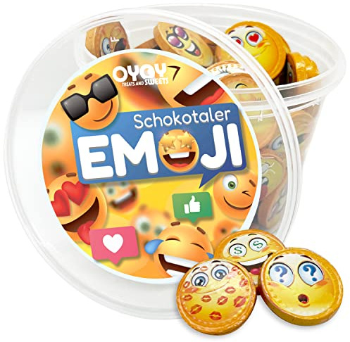 OYOY Emoji Schokolade Partymix Set mit 510g Smiley Schokotaler in einem Partybucket I ca. 78 Schokoladentaler aus Milchschokolade I Mitbringsel für Kinder I Geschenk I Süssigkeiten