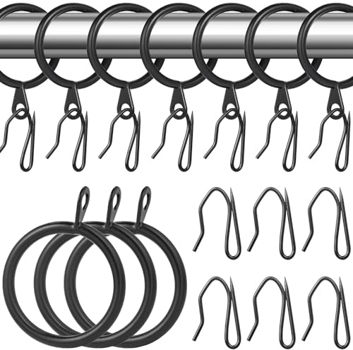 32 pcs Metal Drapery Curtain Rings Curtain Hanging Rings and 32 pcs Metal Curtain Drapery Pin Hooks for Window Door Shower Curtain, 30 mm/1.18 inch Internal Diameter (Black)