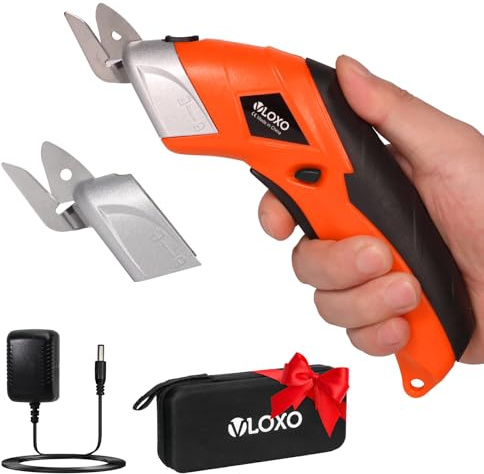 VLOXO Cordless Electric Scissors, Cardboard Cutter Super Scissors Box Cutter with Blades Rechargeable Powerful Fabric Tool for Crafts Leather Carpet Plastic Felt Include Case Orange CS4001