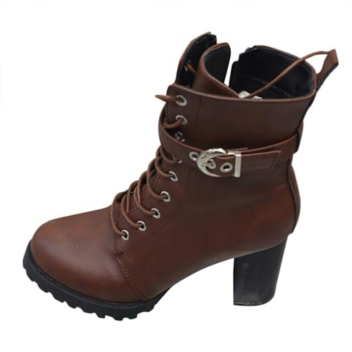 Botas Mujer Platform Botines cortos de gran tamaño de cuero sólido nuevos para mujer Botines de plataforma de tacón grueso y cremallera lateral con hebilla para cinturón Botas de pantorrilla, marrón