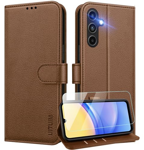 UITUIM Custodia per Samsung Galaxy A15 4G/5G - Portafoglio in Pelle con Vetro Temperato, Porta Carte, Flip Case Protettiva - Marrone